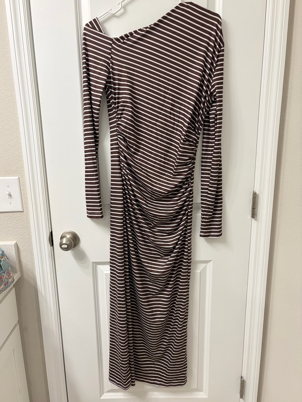Striped Brown Ruched Long-Sleeve Dress